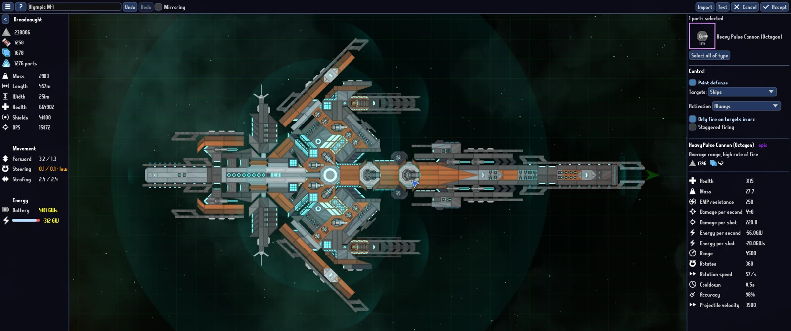 A geometric dreadnought in the eXoSpace ship editor, from the official press kit