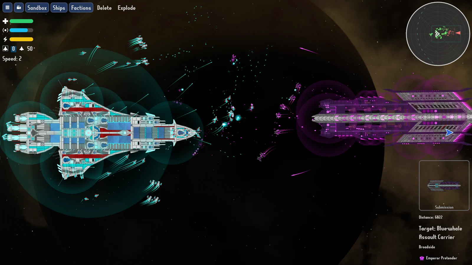 Two large carriers and smaller drone vessels fighting in eXoSpace