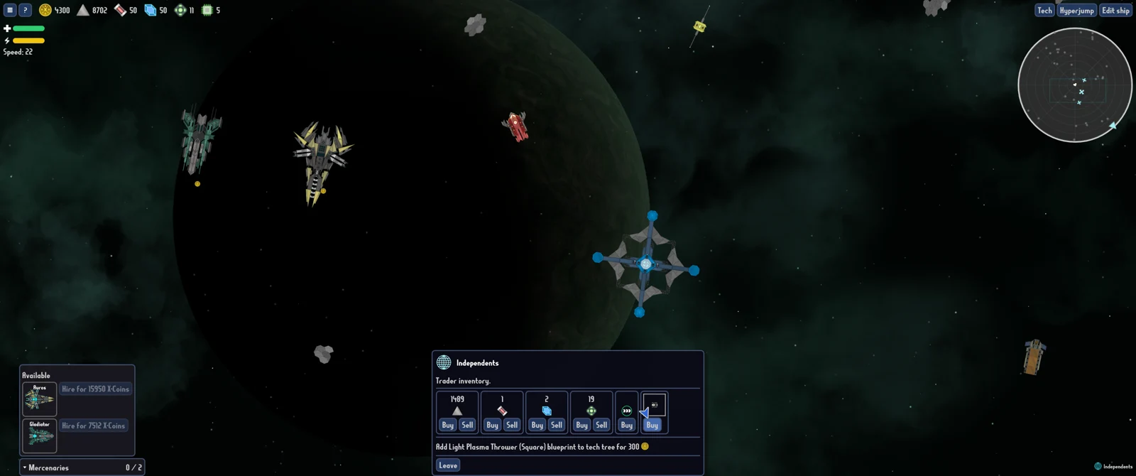 A trader inventory open beside an independent station in eXoSpace